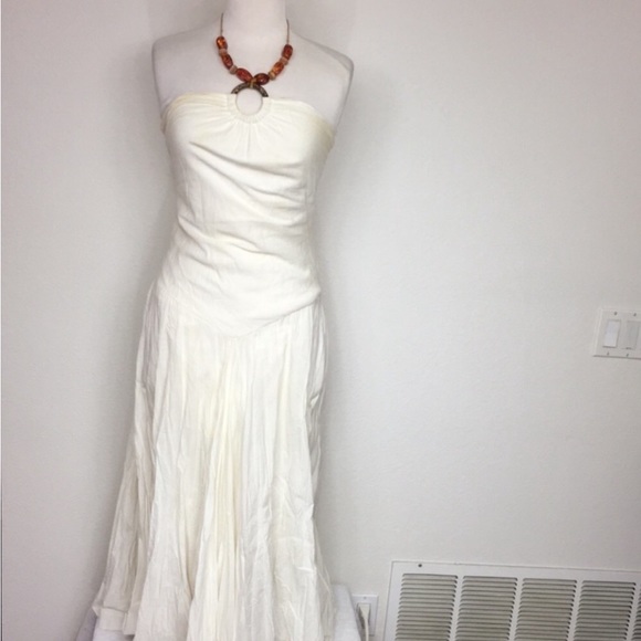 Vintage Y2K Va Va Voom Ivory Cotton Jeweled Halter Maxi Dress Size Medium Boho - Picture 1 of 15